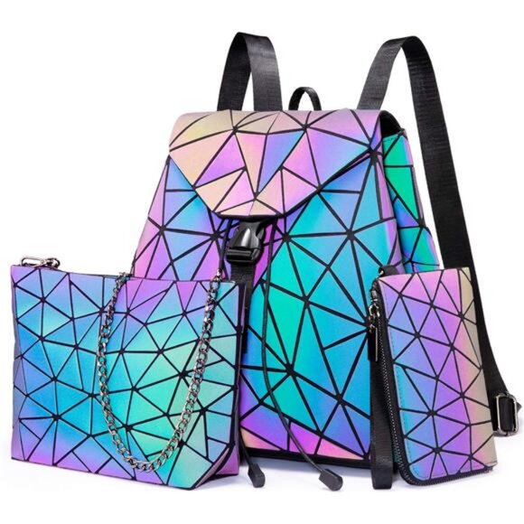 Geometric Luminous Bag Holographic Reflective Bag Backpack Wallet Clutch Set - Picture 1 of 7
